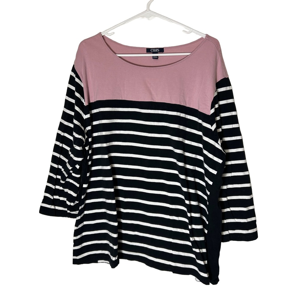 Chaps Womens 3X Top Purple Black White Striped Colorblock 3/4 Sleeve‎ Boat Neck